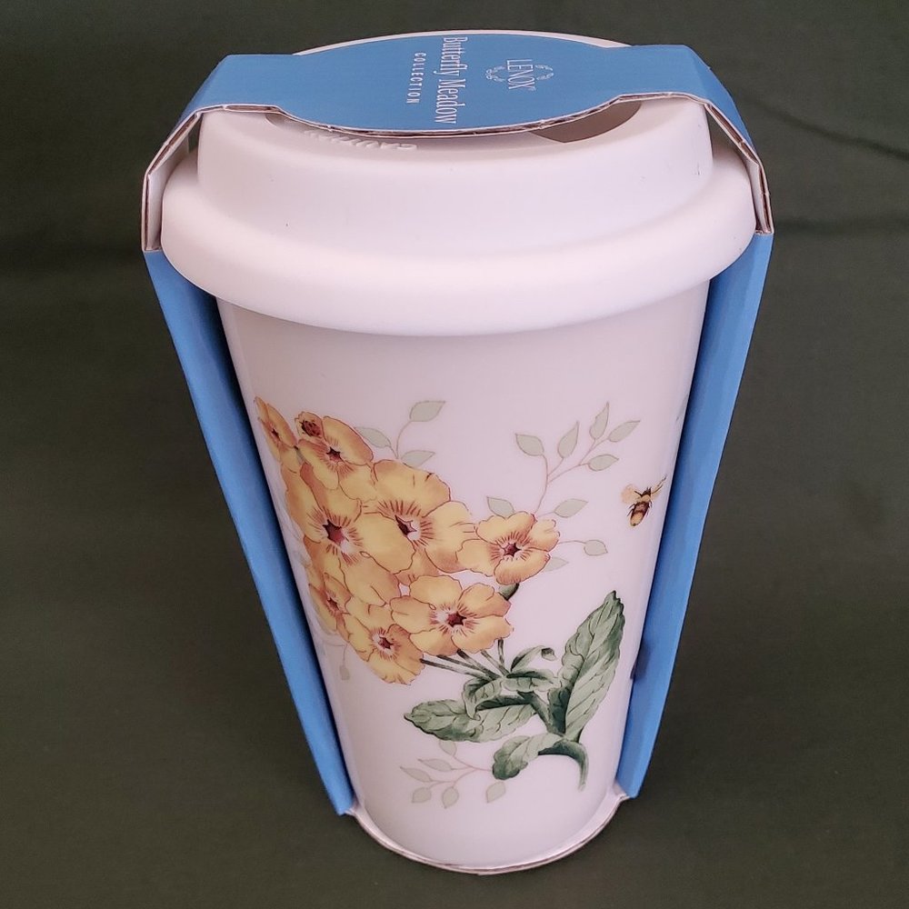 Lenox🦋 BUTTERFLY MEADOW 10 oz Thermal Travel Coffee Mug W/ Silicone Lid New